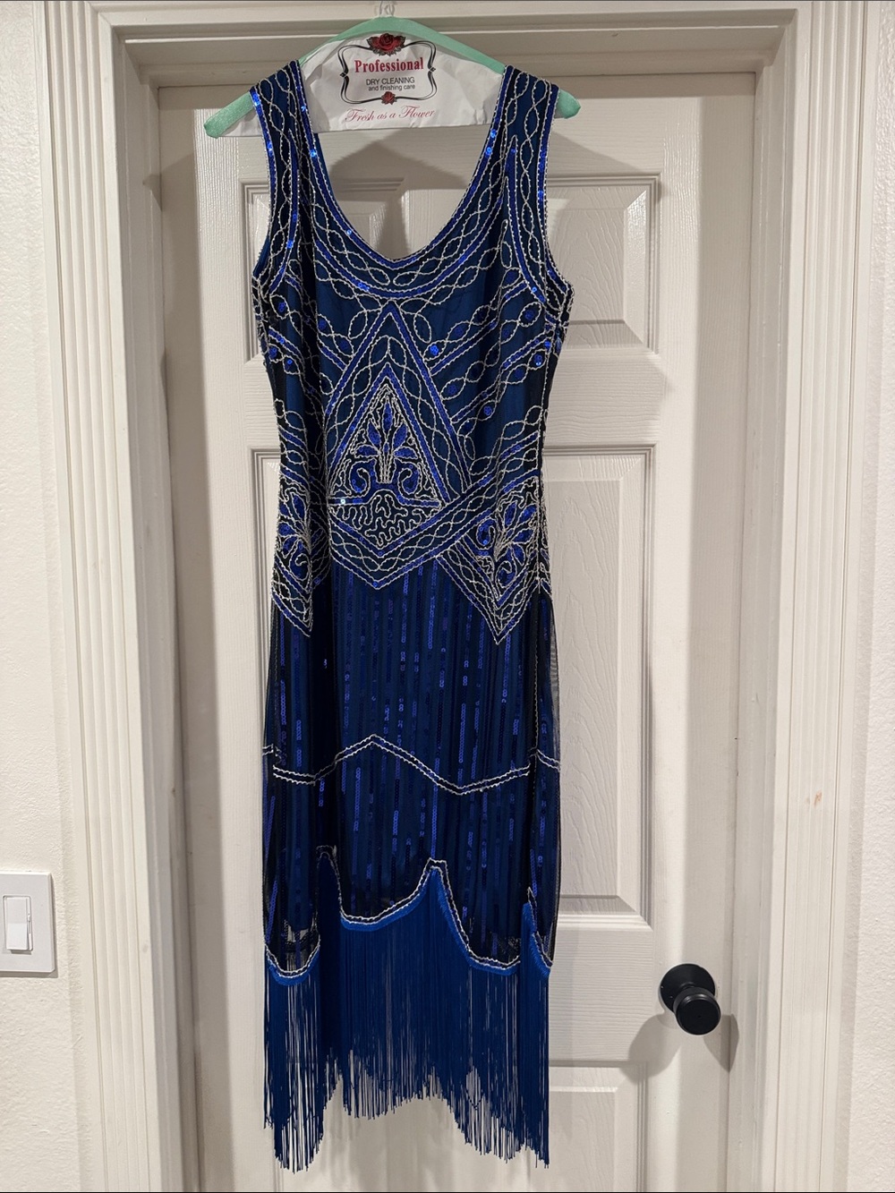 Sleeveless Royal Blue Beaded Fringe Midi Dress